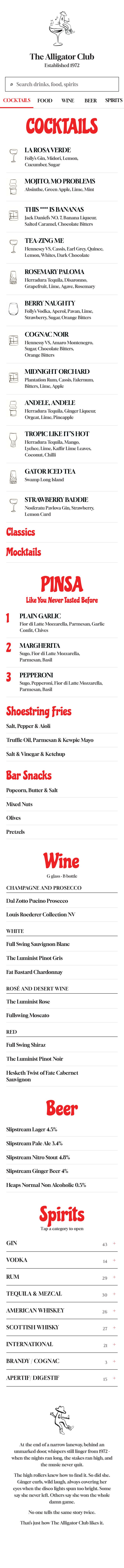 The Alligator Club&rsquo;s QR-code menu: cocktails, food, wine, beer and spirits, scrolling on an iPhone